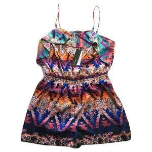 KAS New York Bright Romper Swim Cover Up Rainbow Geometric Pattern Large L New